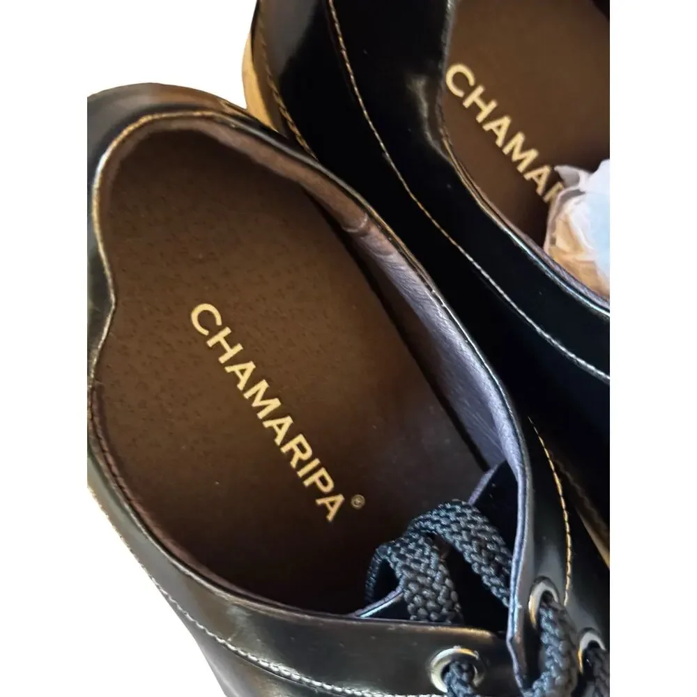 CHAMARIPA Men's Black Leather Elevator Height Increasing Sneakers Size 42